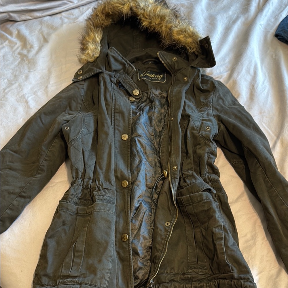 Guess Brand - Women’s Medium - Olive Green Parka with Faux Fur Hood